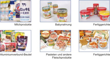 Milchprodukte, Baybnahrung, Fertiggerichte, Aluminiumverbund-Beutel, Pasteten